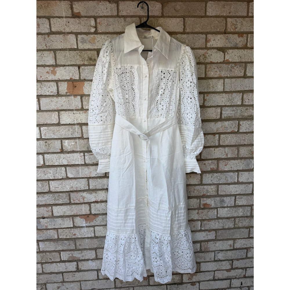 White Eyelet Button-Front Midi Dress with Tie Waist